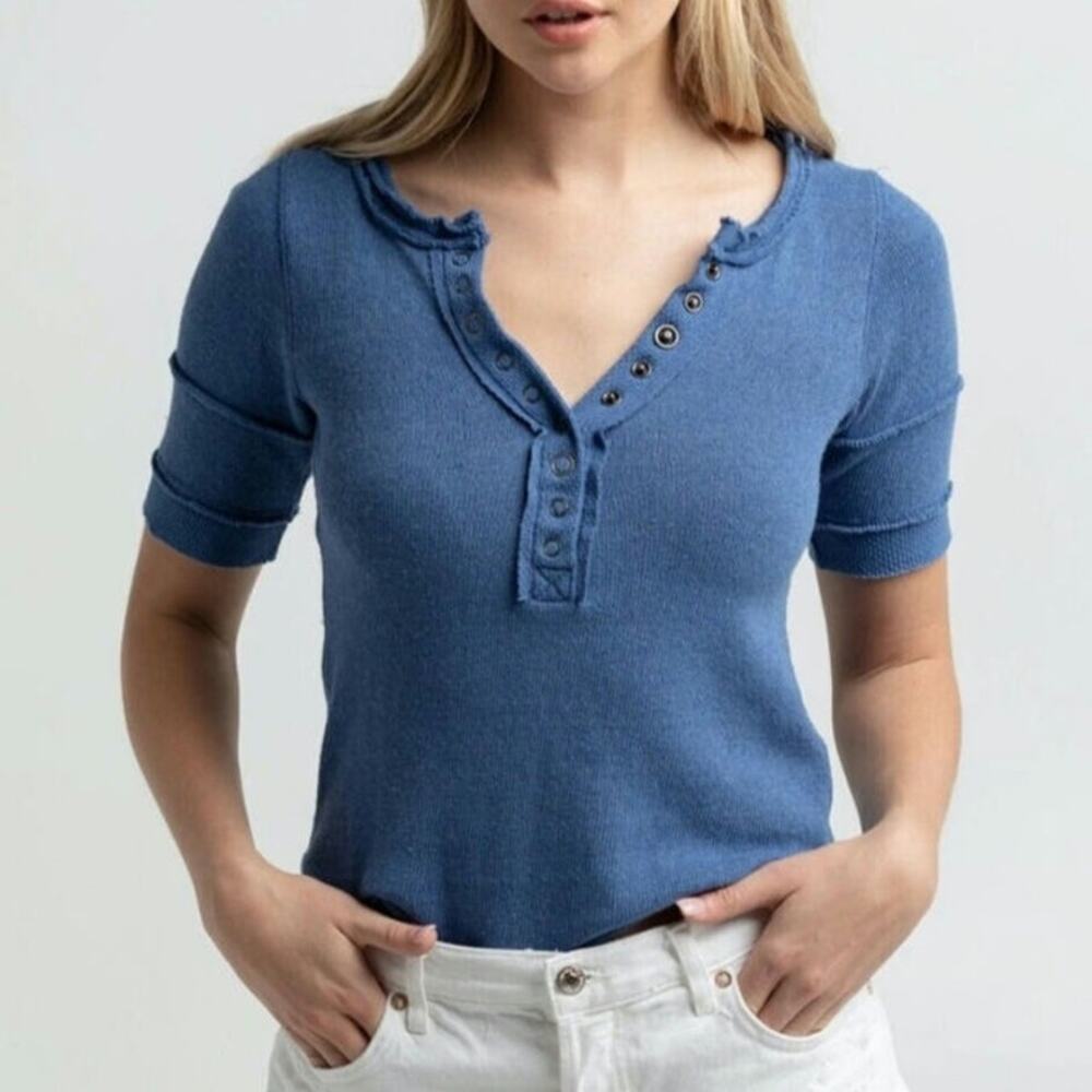 Free People We the Free On the Run Waffle Knit Henley Thermal Shirt Blue Medium